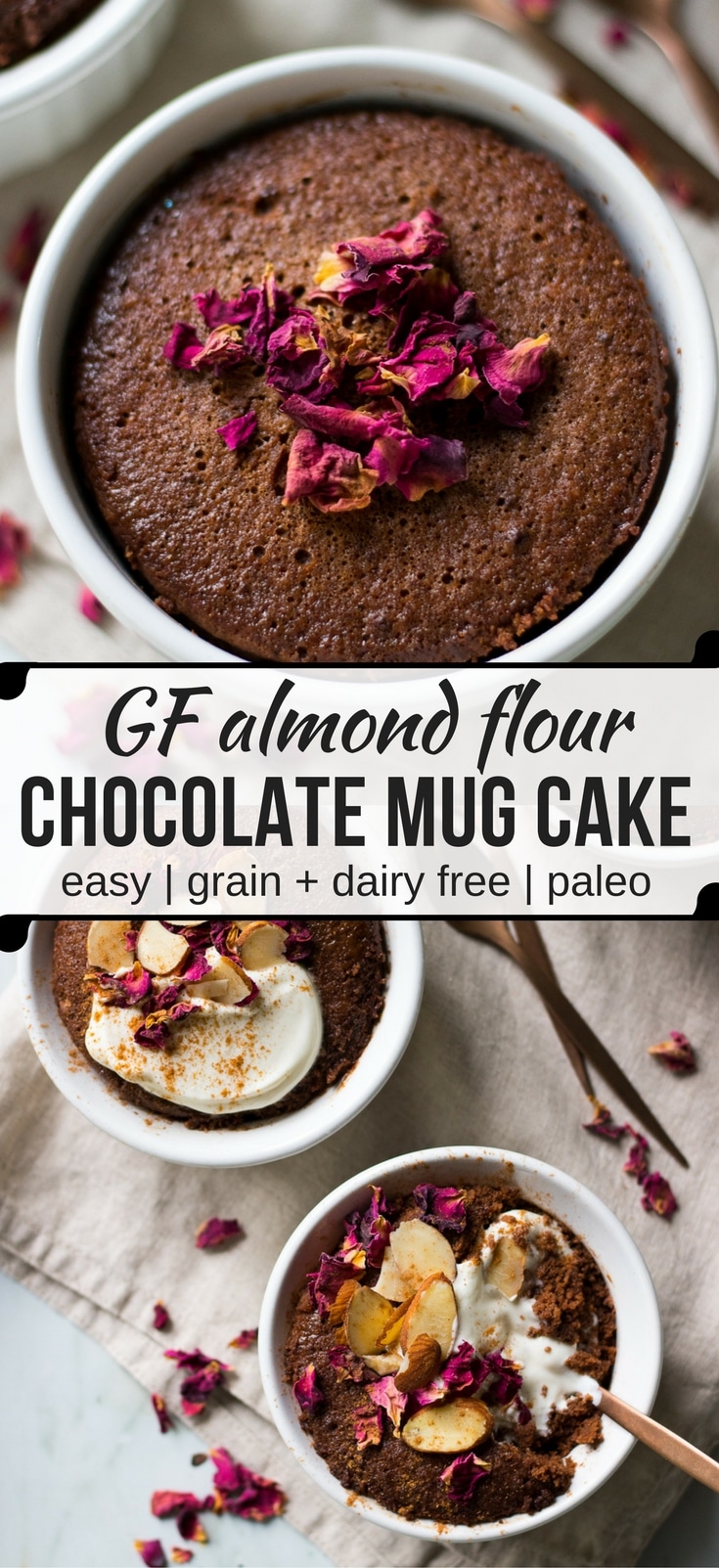 A healthier chocolate cake that goes from zero to done in about ten minutes! This almond chocolate mug cake is so easy to make and is gluten free, grain free and dairy free. #glutenfree #mugcake #paleo
