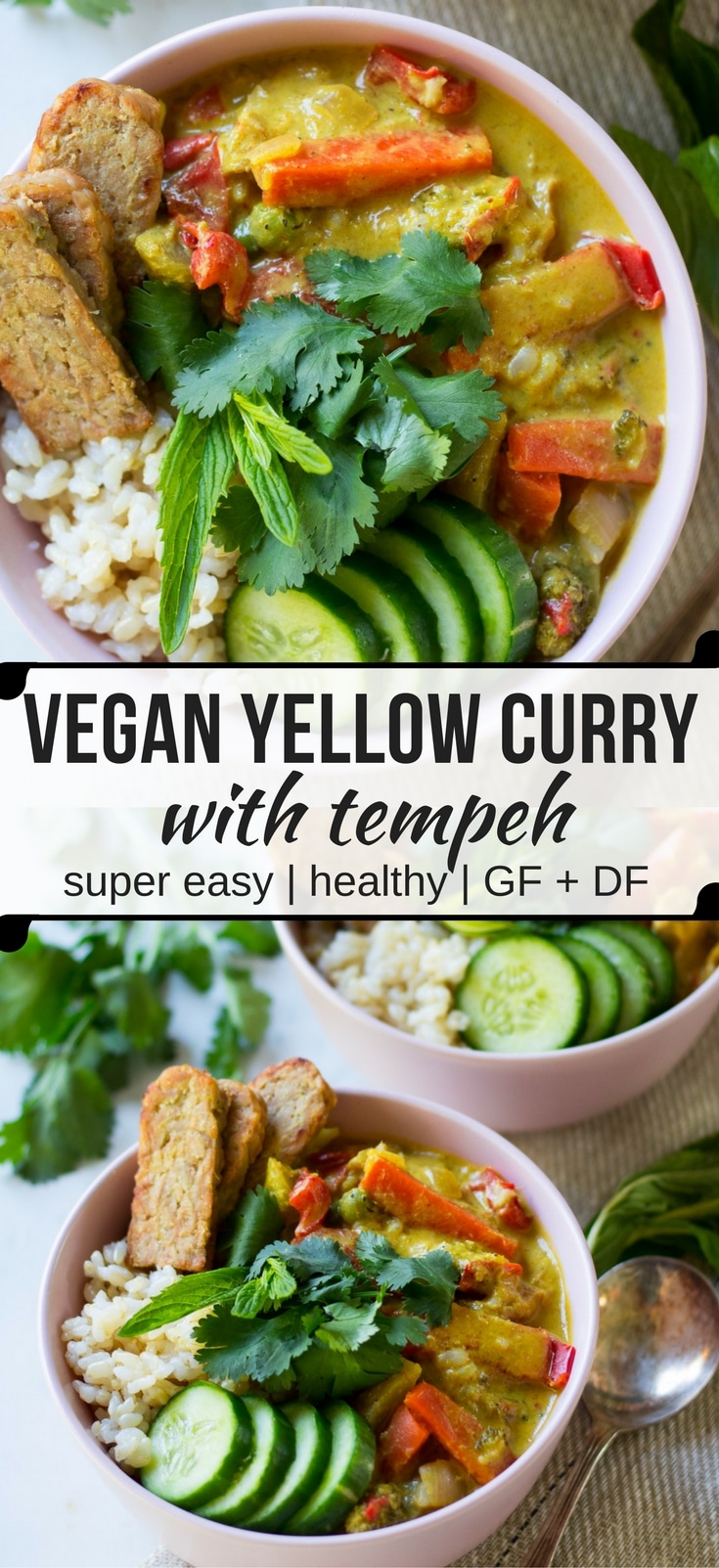 Easy Vegan Yellow Curry with Tempeh makes a healthy delicious dinner. Turmeric, creamy coconut and loads of veggies, quick and easy to make. #glutenfree #vegan #plantbased #curry