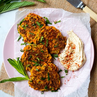 4 Ingredient Healthy Carrot Fritters {gluten free, dairy free, nut free} so simple and delicious! Served here with hummus.