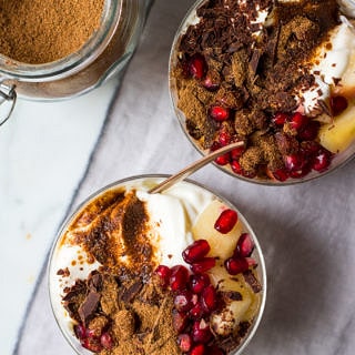 Chai Yoghurt Dessert Pots made with homemade chai latte mix! Juicy fruit, creamy yoghurt (dairy or coconut), grated chocolate and chai spices. So easy, healthy and yet decadent.