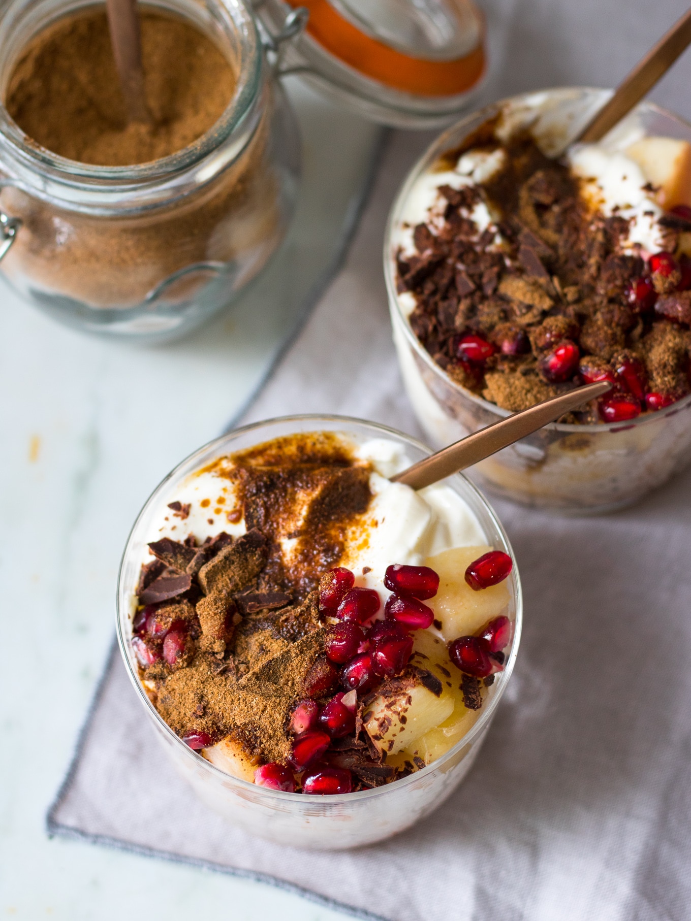 Chai Yoghurt Dessert Pots made with DIY chai latte mix! Juicy fruit, creamy yoghurt (dairy or coconut), grated chocolate and chai spices. So easy, healthy and yet decadent.