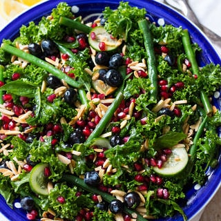 Fresh and vibrant this summery blueberry kale salad combines loads of greens, blueberries and pomegranate. {gluten free, dairy free, grain free, paleo} #kalesalad #healthy #blueberries