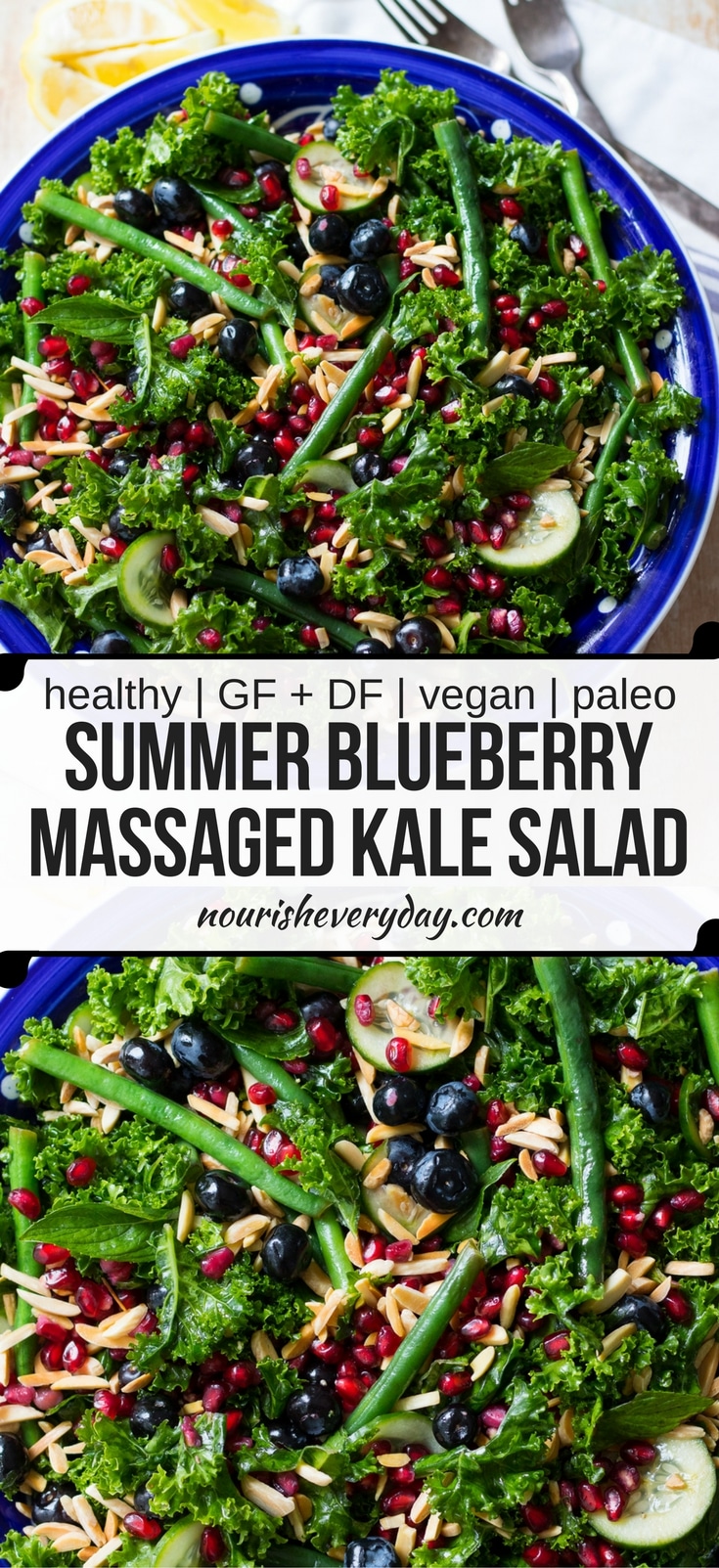 A summery blueberry kale salad filled with #healthy greens, blueberries, mint, pomegranate and crunchy toasted almonds. Perfect for sharing at a BBQ! Gluten free, dairy free, grain free and paleo. #kalesalad #paleo #saladideas