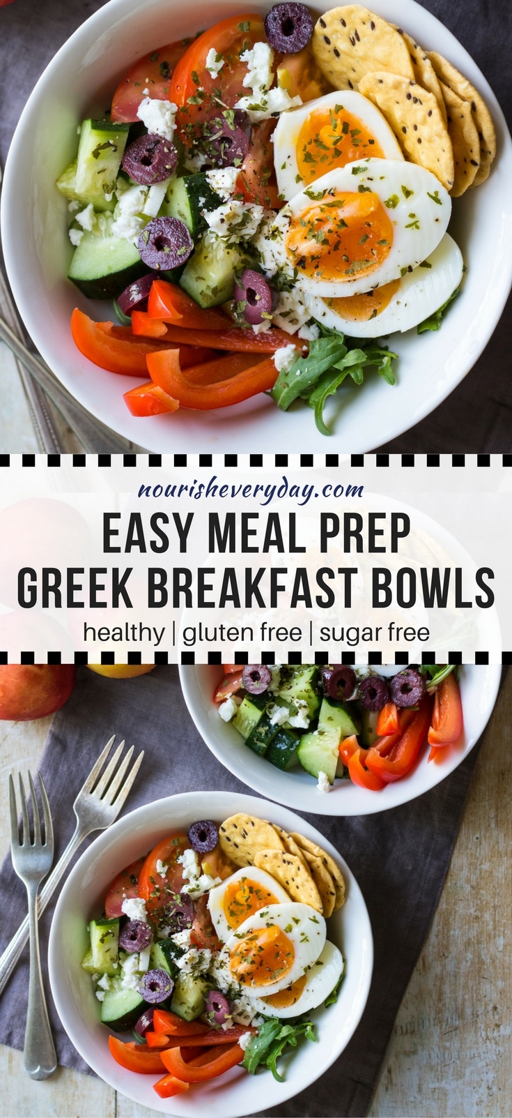 Meal prep breakfast bowls, Greek style! A fresh breakfast salad base topped with boiled eggs, olives and feta. Easy and healthy. Tuck in some crackers and you're all set! #mealprep #breakfastbowl #breakfastsalad #glutenfree
