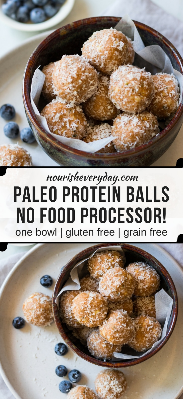 No Food Processor Paleo Protein Balls! One bowl, quick mix, gluten free and grain free. A healthy snack made with nut butter, protein powder, hemp seeds, honey and coconut. #proteinballs #energyballs #paleo #glutenfree
