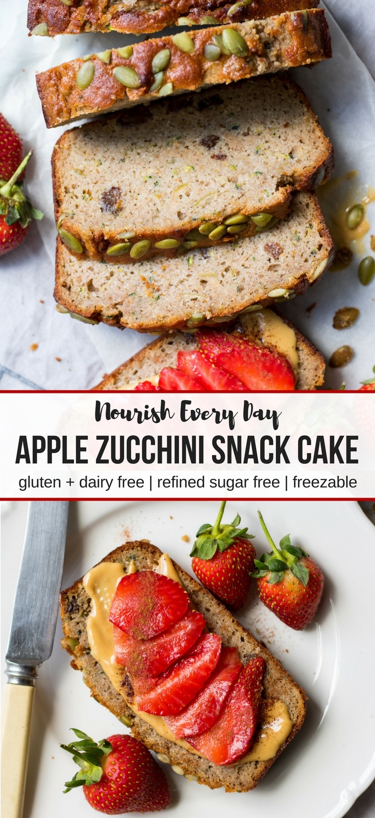 Apple zucchini snack cake recipe by Nourish Every Day Pinterest Graphic