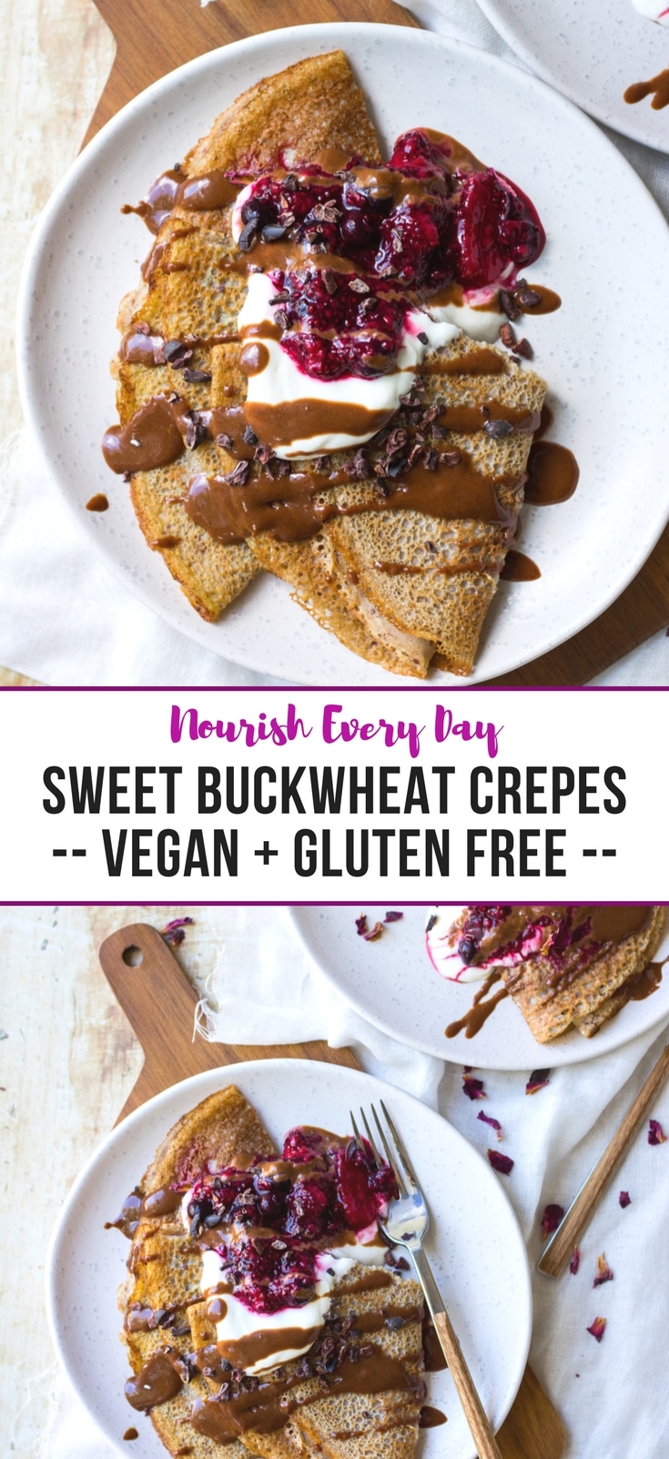 Sweet Vegan Buckwheat Crepes Pinterest Graphic - Nourish Every Day