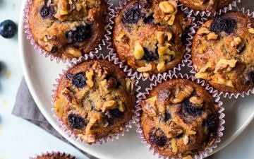 Healthy Blueberry Cinnamon Muffins on white plate