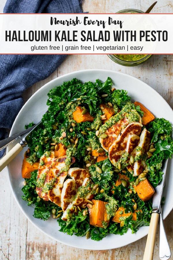 Halloumi Kale Salad with Pesto by Nourish Every Day, Pinterest