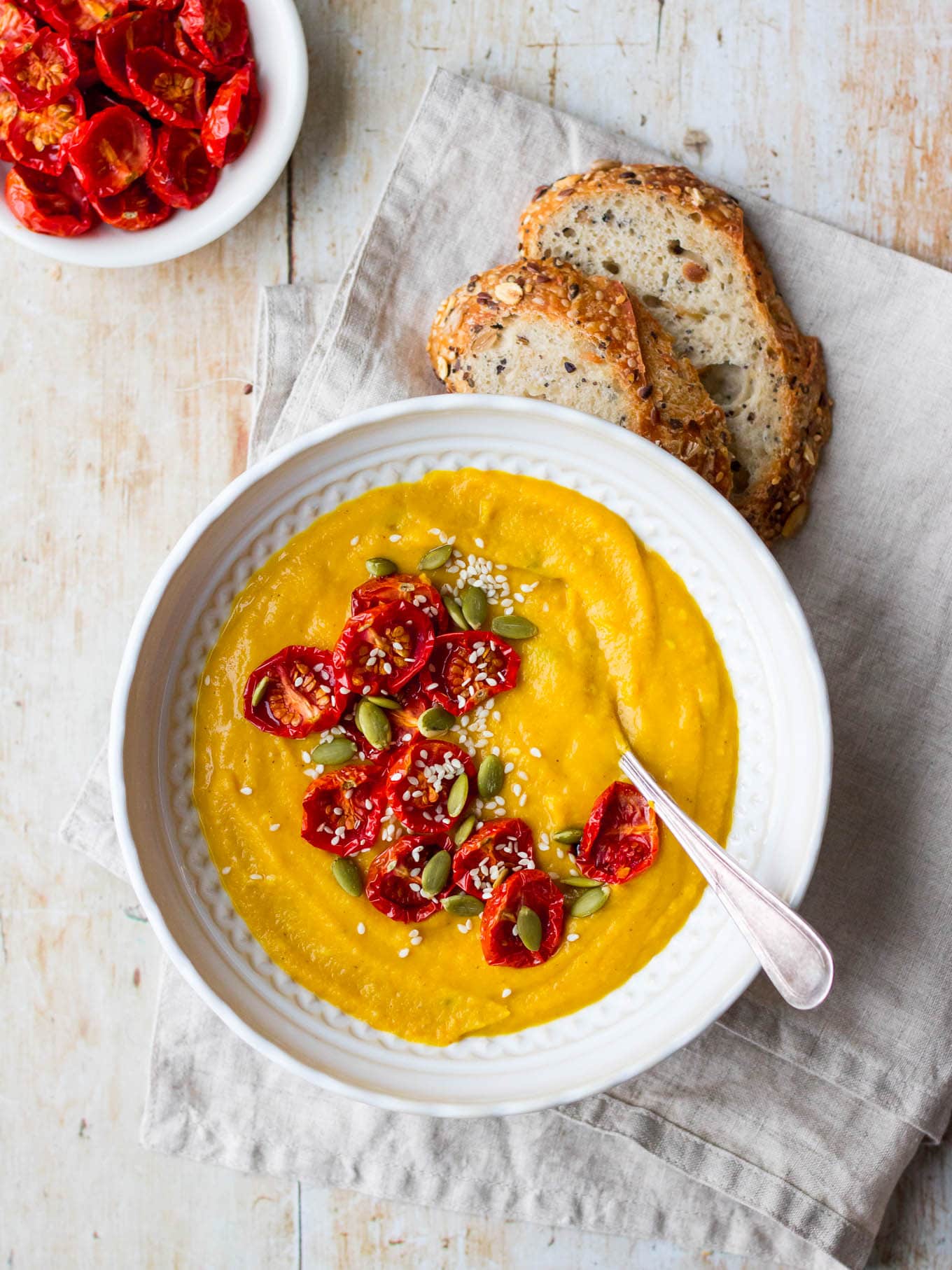 Cauliflower, sweet potato and red lentil soup with slow roasted tomatoes