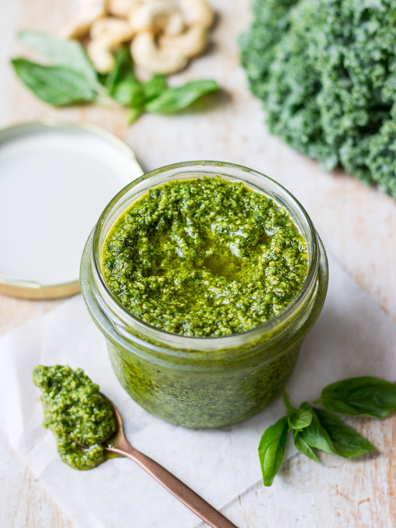 Vegan Cashew Kale Pesto side on jar shot