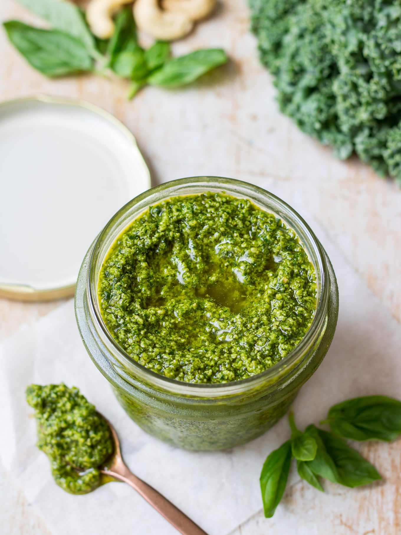 Vegan Cashew Kale Pesto jar side shot 2