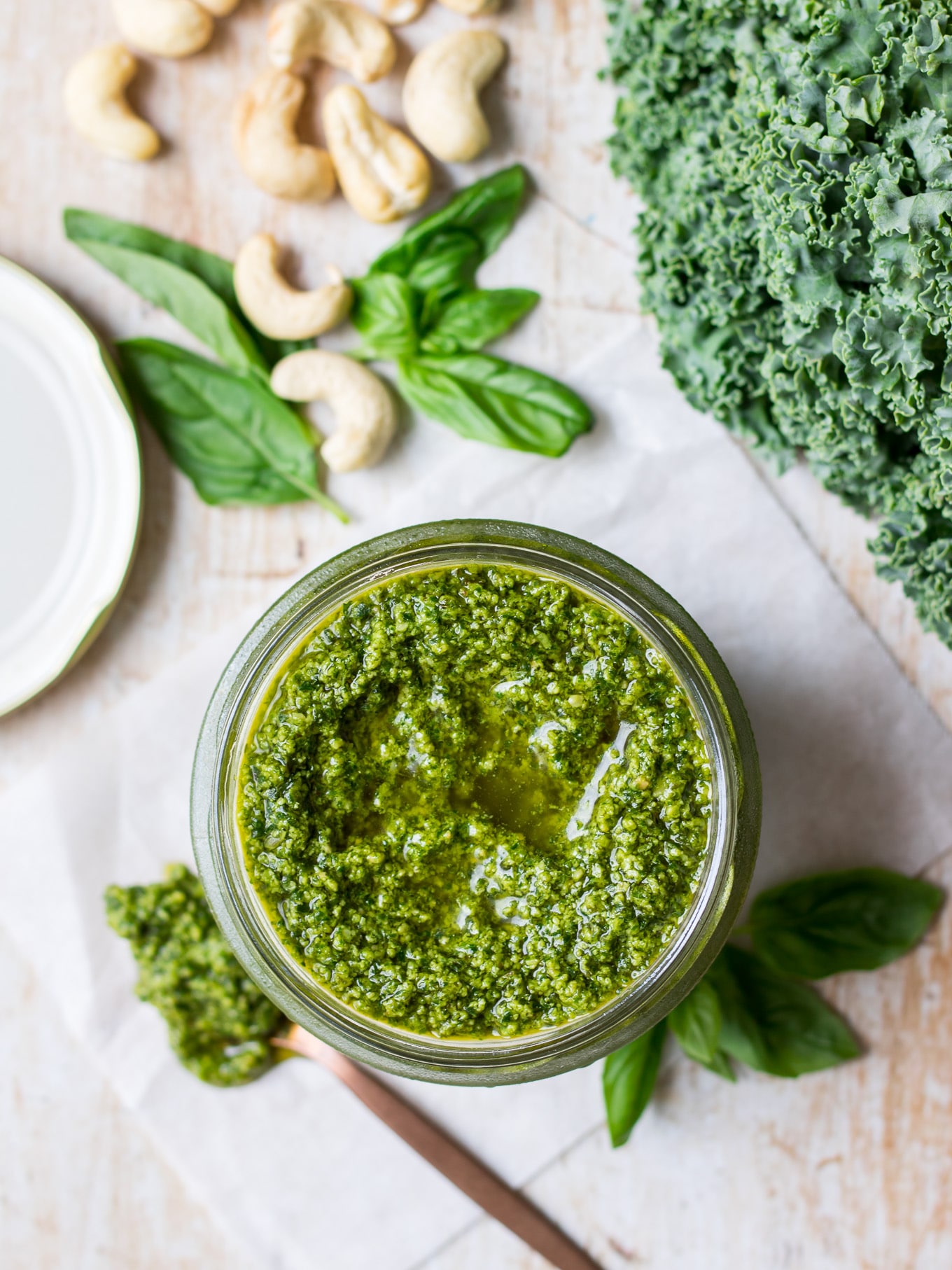 Vegan Cashew Kale Pesto top down jar shot
