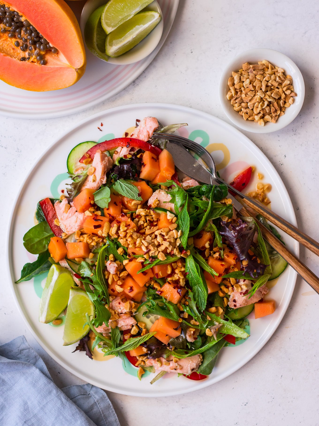 Salmon Papaya Salad with crushed peanuts, recipe by Nourish Every Day