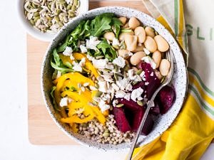 Buddha bowl with roasted beetroot and feta