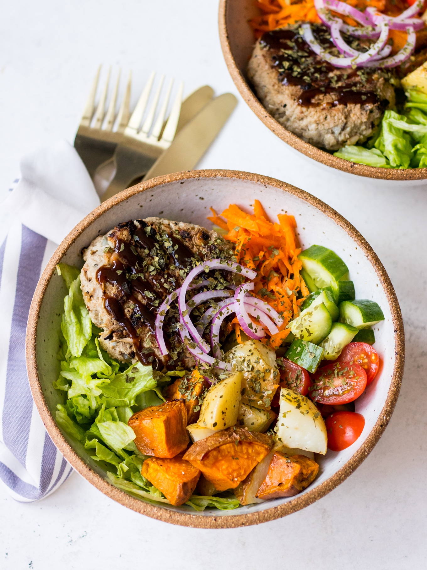 Turkey Apple and Bean Burgers with salad and bbq sauce