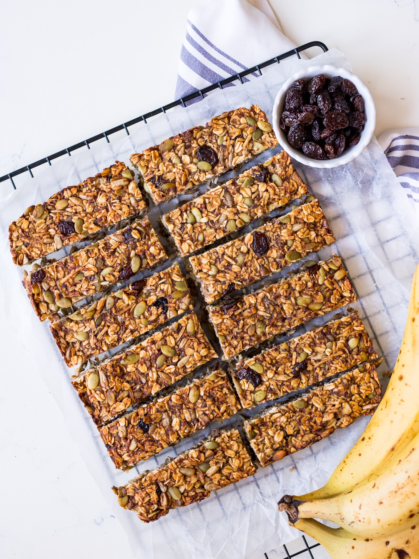 Top view of banana bread granola bars by Nourish Every Day
