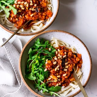 Red Lentil Eggplant Bolognese Recipe (vegan) by Nourish Every Day