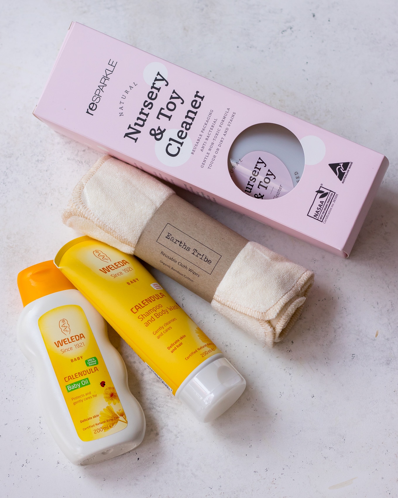 Nourished Life baby products (Weleda Calendula baby products, Earths Tribe bamboo cloths, Resparkle Nursery Cleaner)