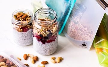 Breakfast chia pudding jars with Nourished Life reusable plastic products