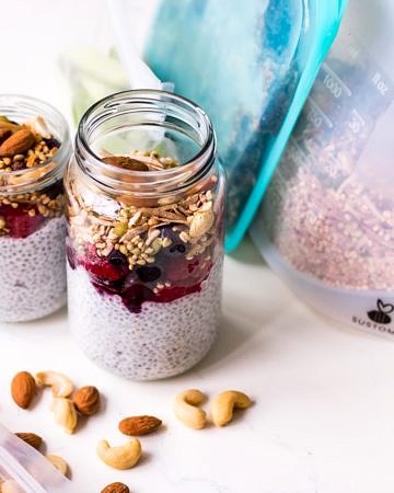 Breakfast chia pudding jars with Nourished Life reusable plastic products