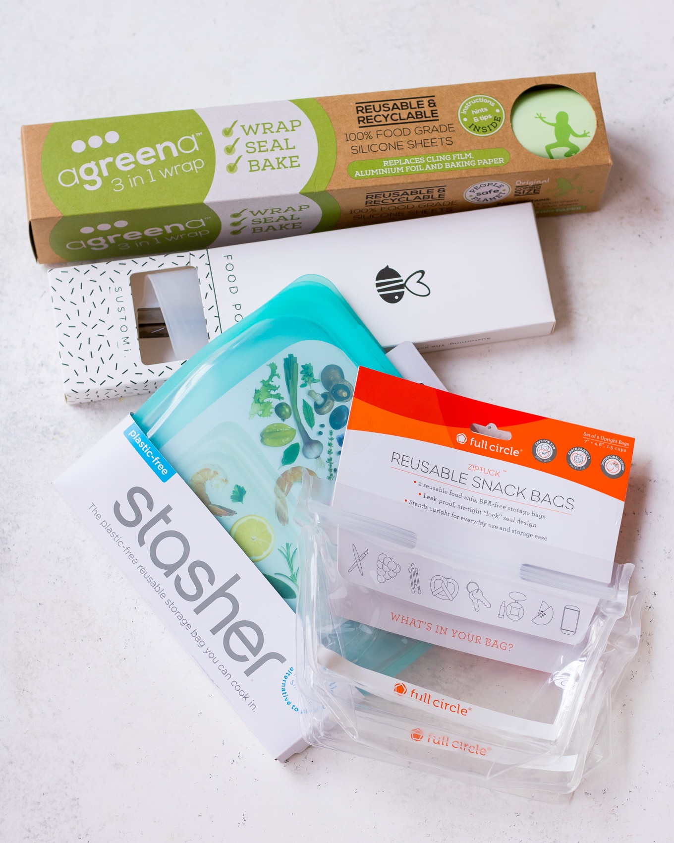 Nourished Life reusable plastic products (Agreena Wraps, Stasher bag, Sustomi bag, Full Circle Ziptuck bag)