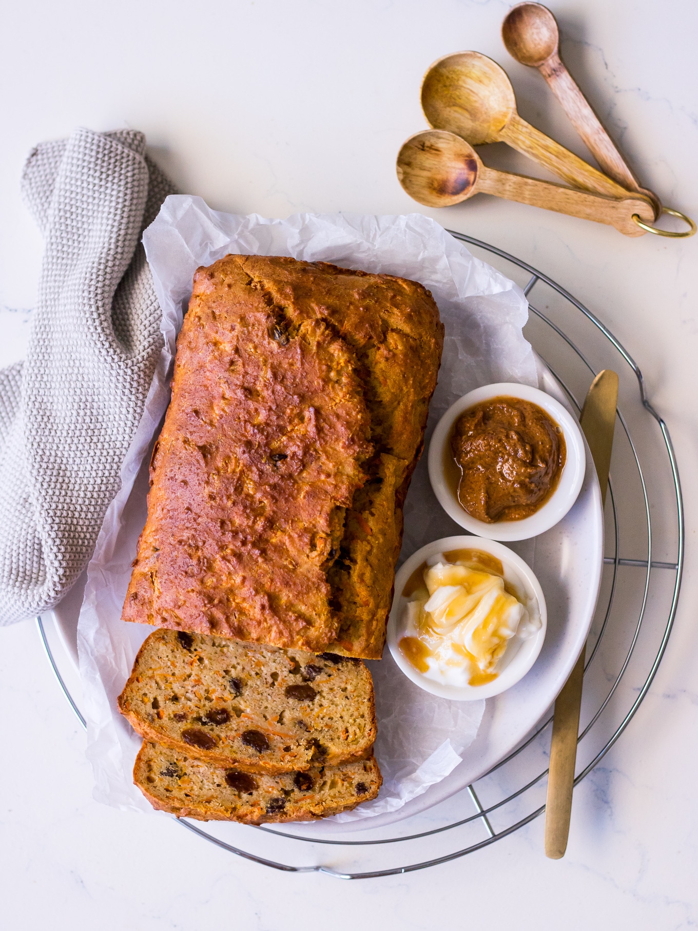Banana and carrot loaf cake with sultanas and spreads