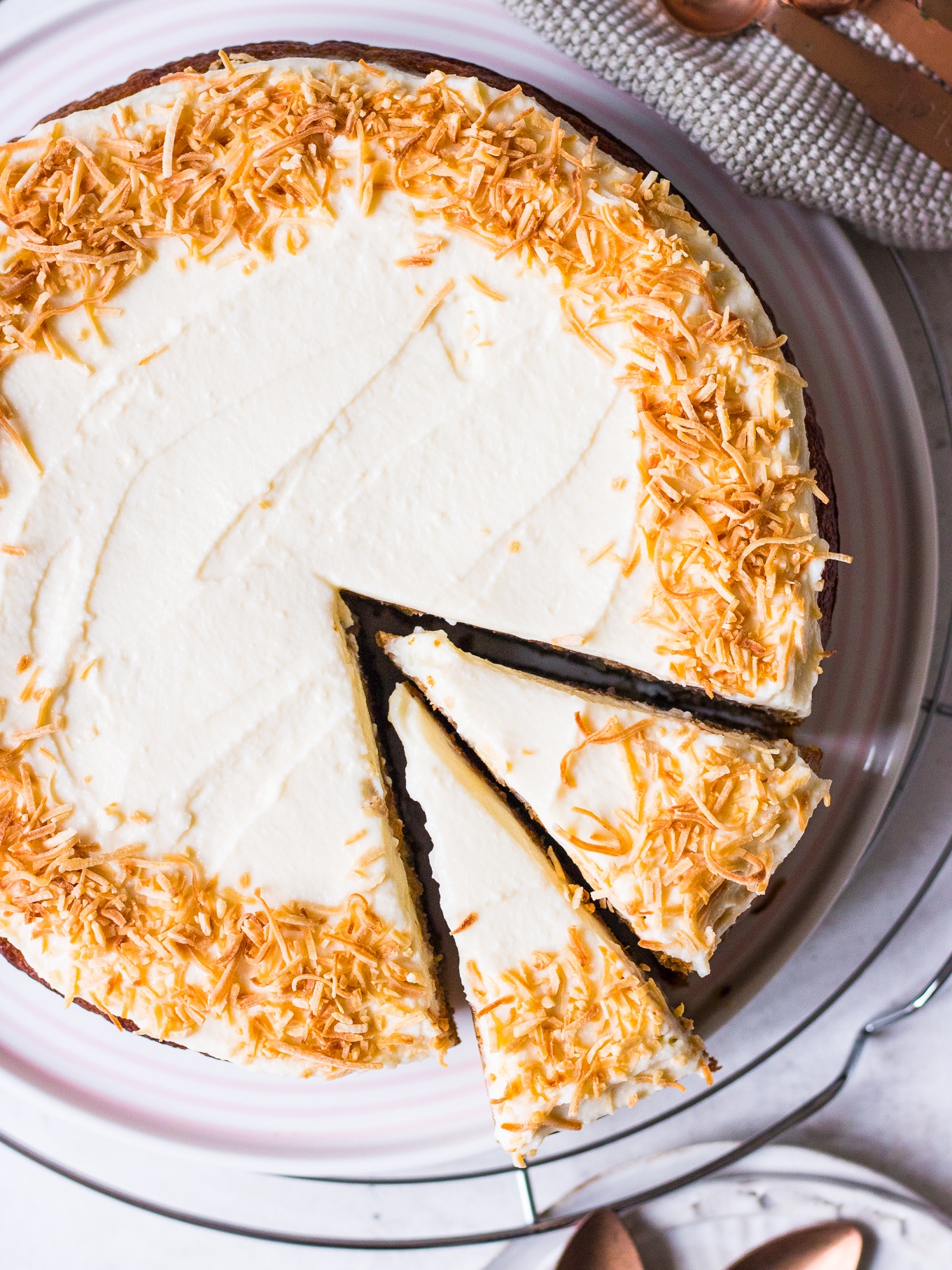 Top view of wholesome hummingbird cake with shredded coconut