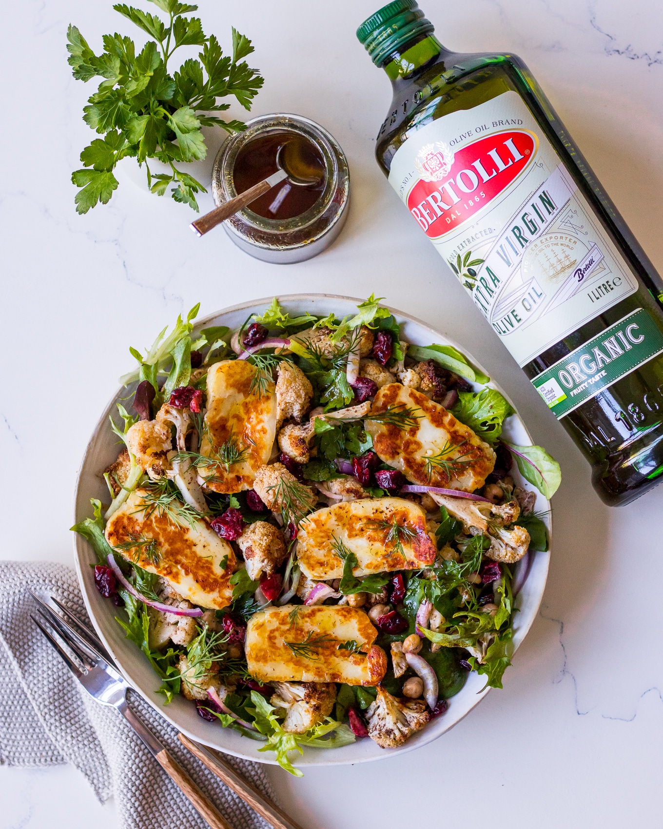 Bertolli Olive Oil recipe for Roasted Cauliflower and Halloumi Salad