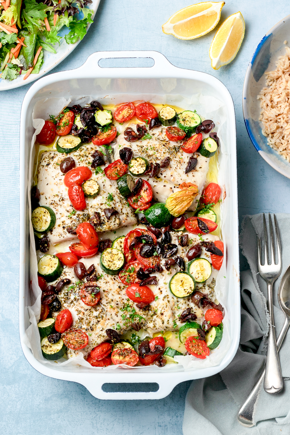 Simple Mediterranean Fish Tray Bake with Vegetables - Nourish Every Day