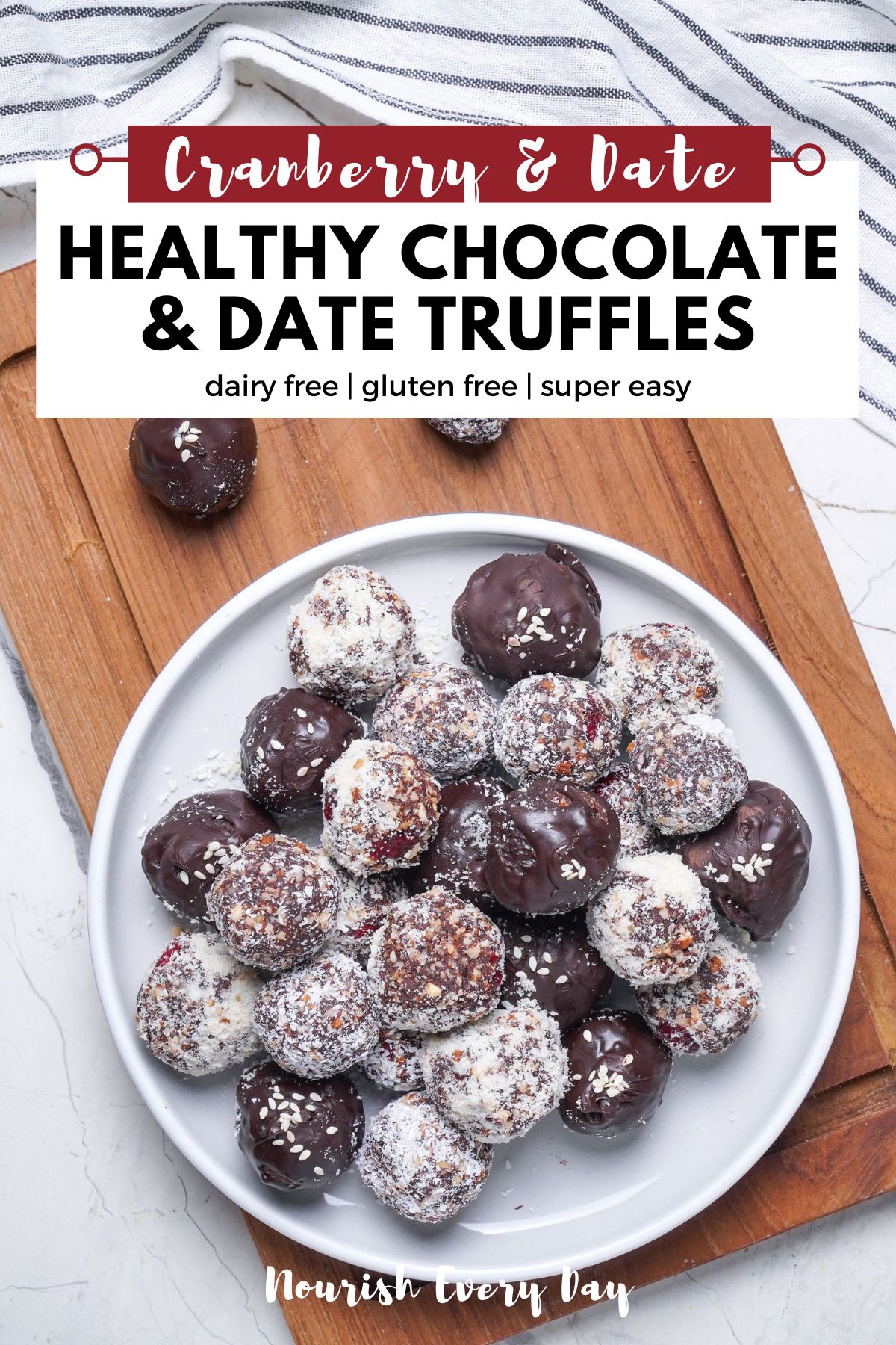 Pinterest Recipe Image for Cranberry and date chocolate truffles with medjool dates and cacao powder.