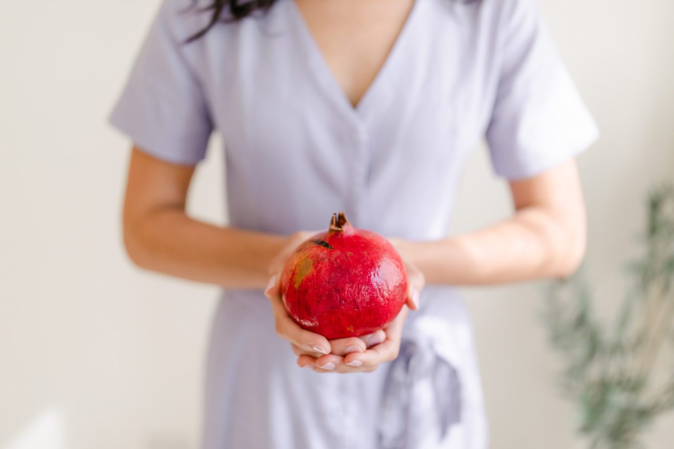 Image of two hands holding a pomegranate, the background is a woman wearing a purple dress