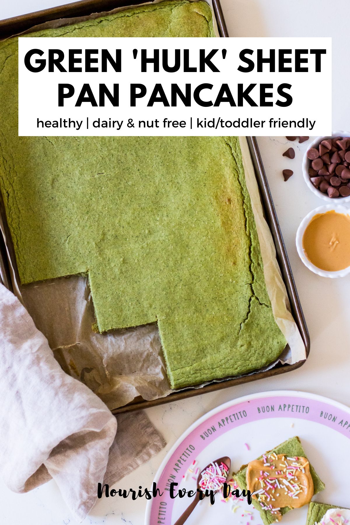 Healthy green sheet pan pancakes recipe image pin
