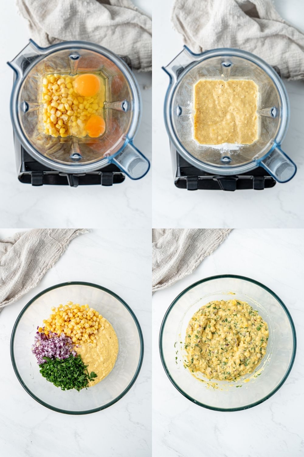 Collage of images showing steps to making easy healthy gluten free corn fritters using a blender and a mixing bowl.