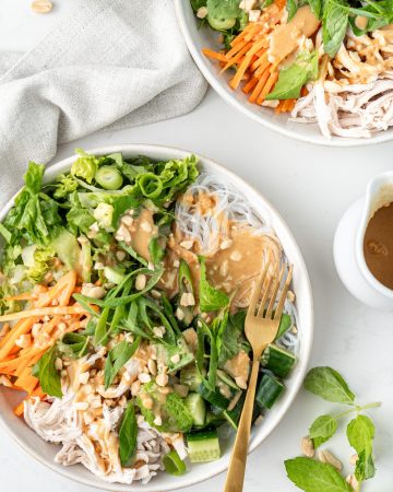 Healthy Noodle Bowls with vermicelli noodles, vegetables, fresh herbs and peanut butter sauce spread on top | Nourish Every Day