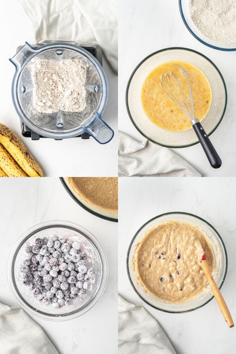 Recipe steps sequence for banana blueberry oat muffins by Nourish Every Day food blog.