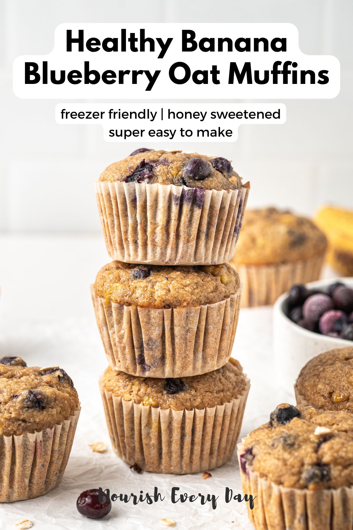 Healthy Banana Blueberry Oat Muffins Recipe by Nourish Every Day, a food blog by Monique Cormack Nutritionist.