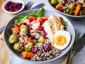 A Maple Tahini Brussels Sprouts Quinoa Bowl packed with healthy vegetable goodness! Dairy free, gluten free & nut free, with a vegan or vegetarian option. Recipe via wordpress-6440-15949-223058.cloudwaysapps.com