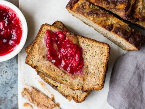 Grain free Zucchini Banana Bread is a low sugar loaf naturally sweetened with bananas and maple syrup. Dairy free, gluten free and paleo, enjoy a slice for breakfast or a healthy snack!