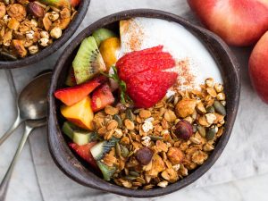 Crisp honey olive oil granola made with simple pantry ingredients. All natural, low sugar, plus it's gluten free and dairy free! An easy healthy breakfast.